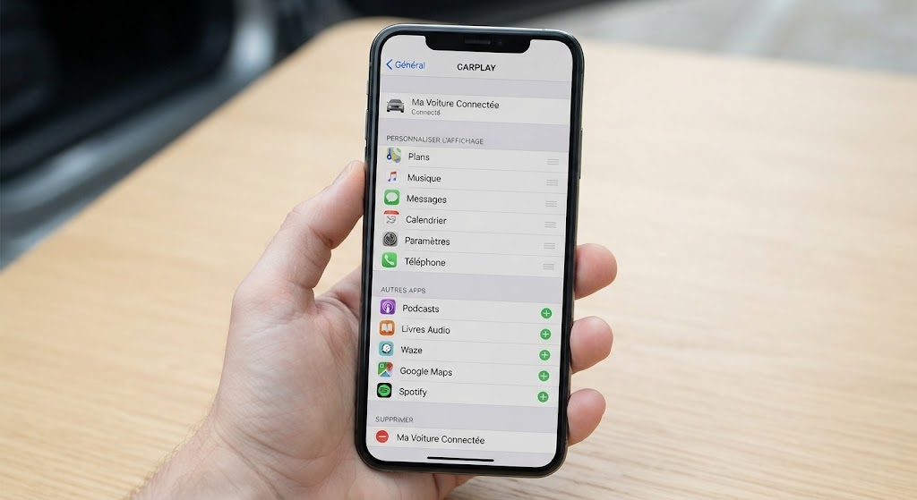 CarPlay-instellingen op de iPhone met de lijst van apps en plusknoppen om apps toe te voegen