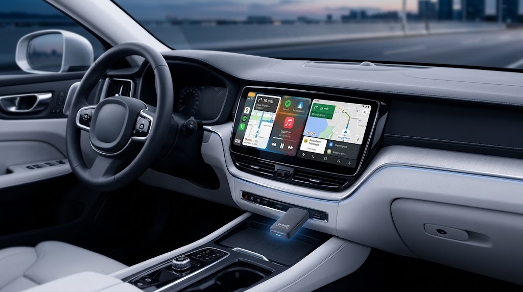 Draadloze Carlinkit-adapter aangesloten in de auto, CarPlay-scherm zonder kabel