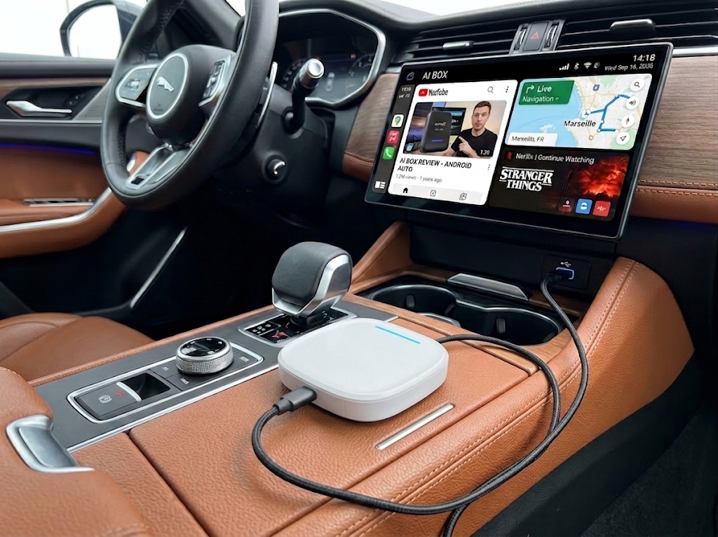 Carlinkit AI Box in gebruik: Android-apps zoals YouTube en Netflix op het CarPlay-scherm