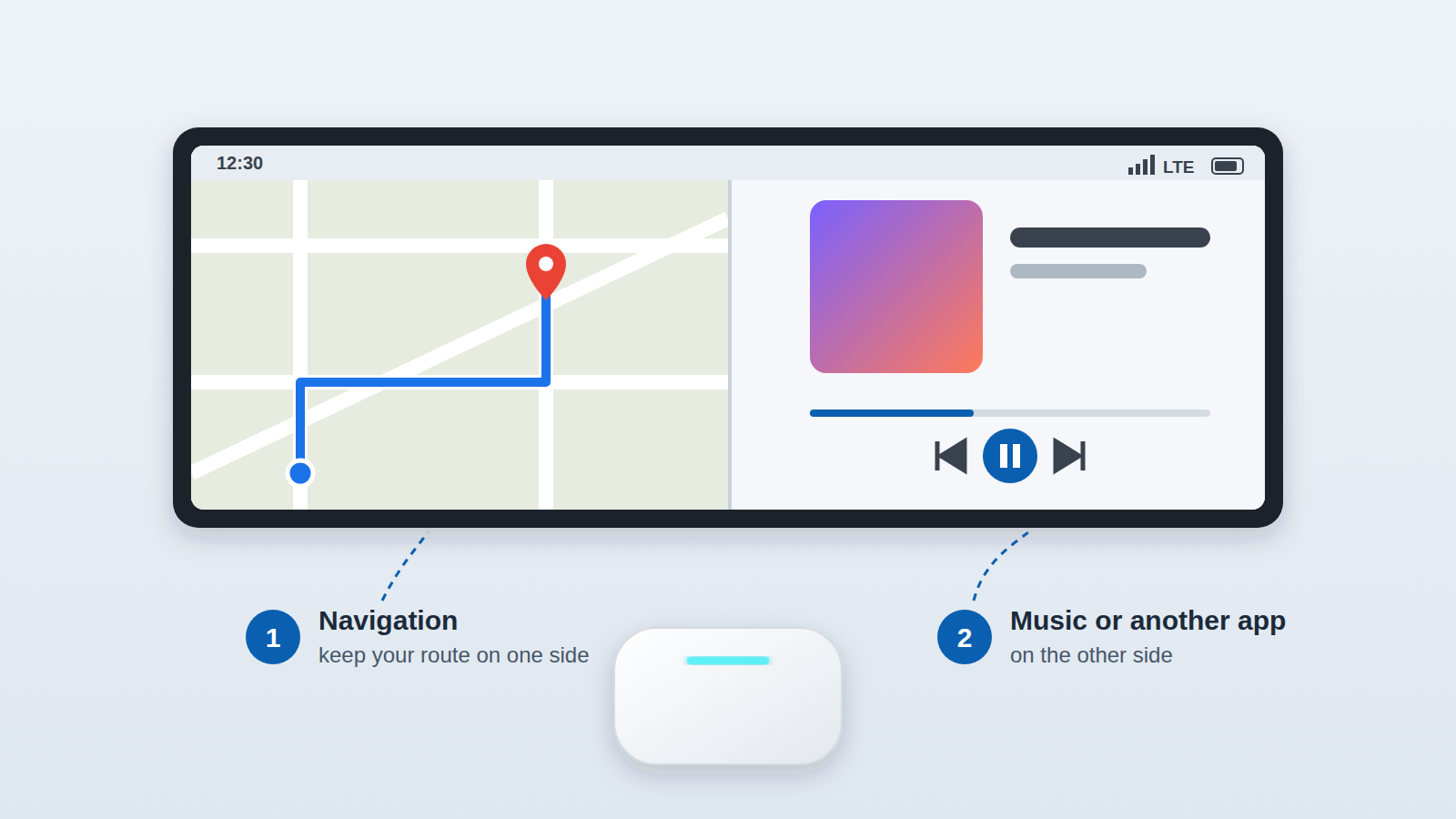 Gesplitst scherm van de Tbox Max Ultra met navigatie en een muziekapp naast elkaar op het autoscherm