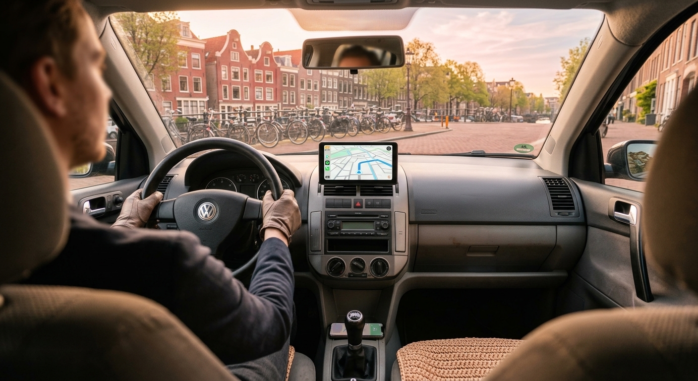 Autoscherm met CarPlay-apps en een kleine draadloze adapter op de middenconsole van een lichte auto-interieur